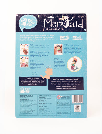 Back of The Talking Canvas Mermaid Creative Craft Kit with step-by-step craft guide, colour mixing chart, kit contents and safety information.