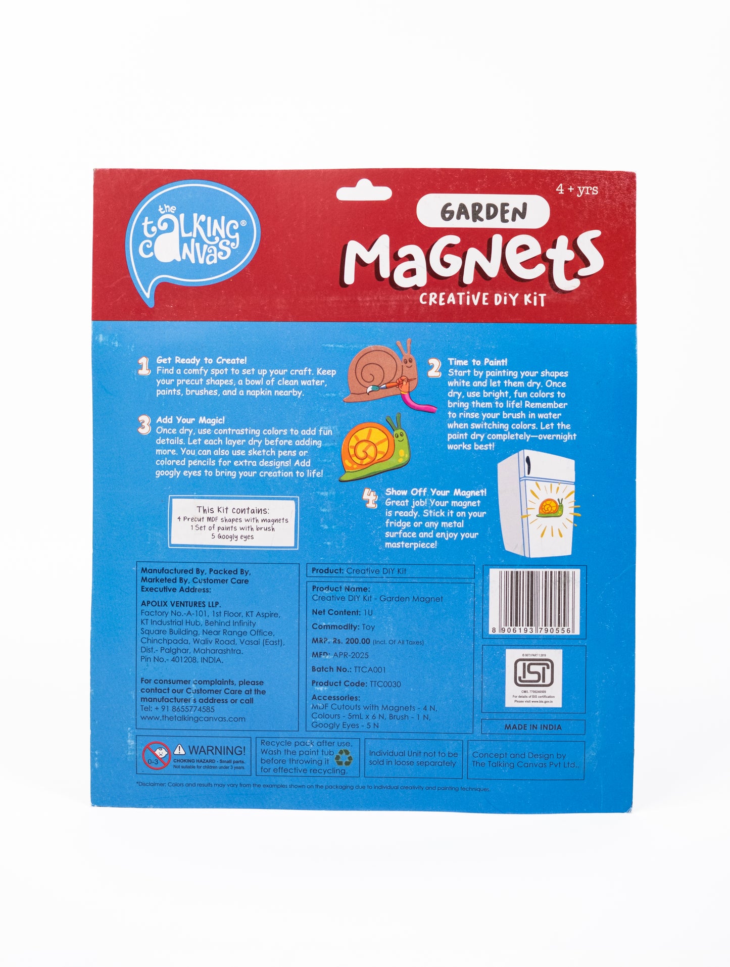 Back of Garden Magnets Creative DIY Kit packaging showing painting instructions, kit contents and product information for children aged 4+.