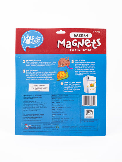 Back of Garden Magnets Creative DIY Kit packaging showing painting instructions, kit contents and product information for children aged 4+.