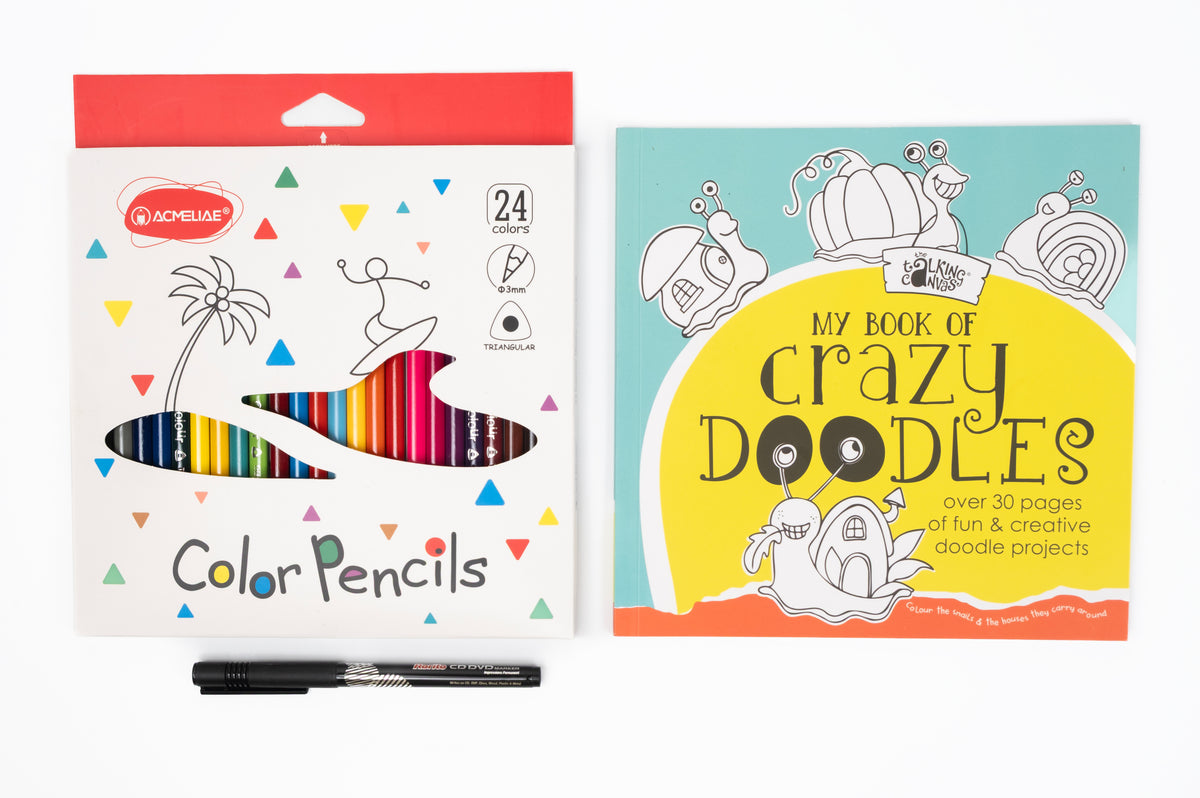 Contents of The Talking Canvas My Book of Crazy Doodles kit including doodle activity book, 24 colour pencils and black marker pen.