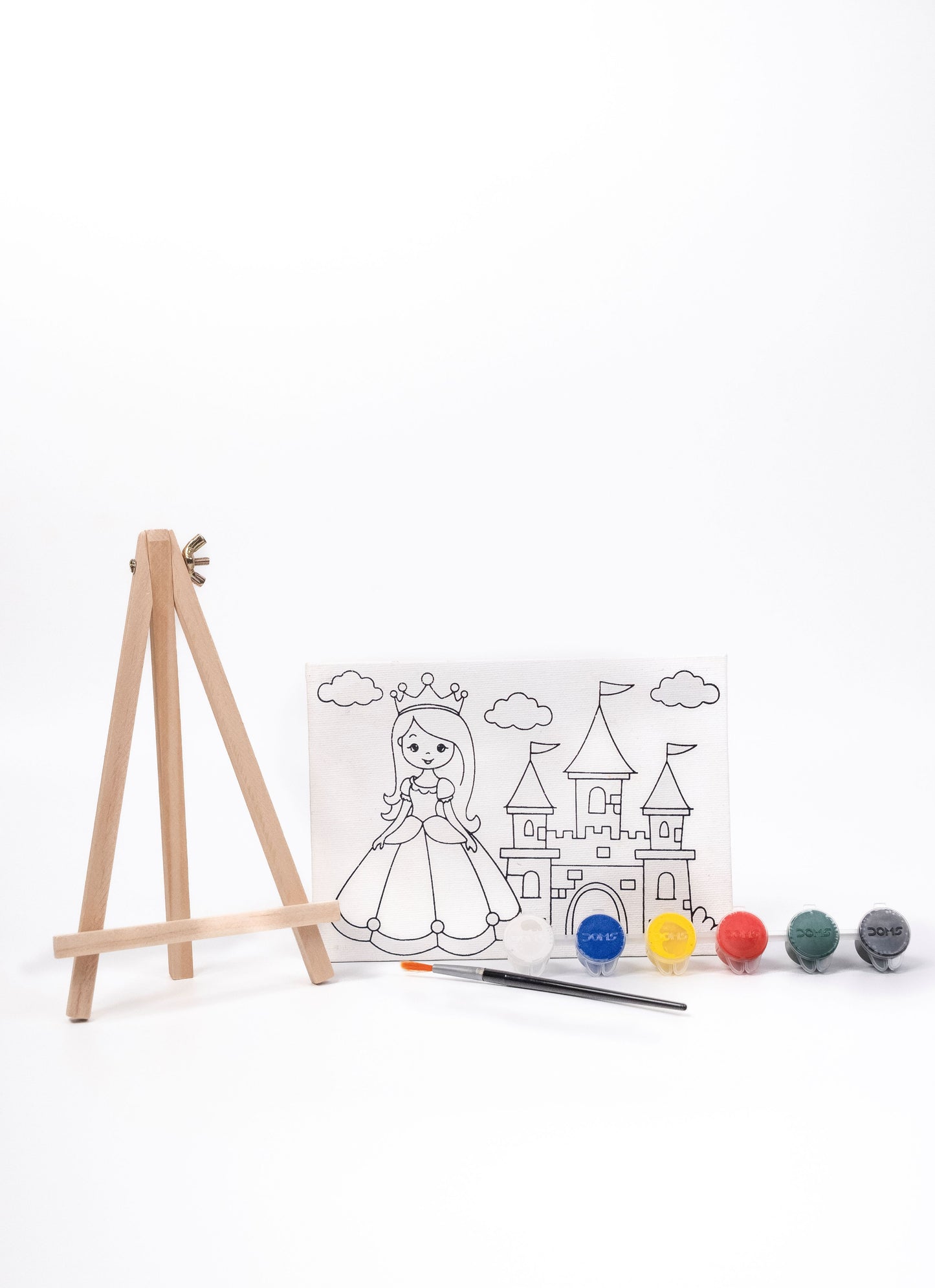 Princess Canvas Painting Kit contents featuring a pre-printed princess canvas, wooden easel, six acrylic paint pots and paint brush on a white background.