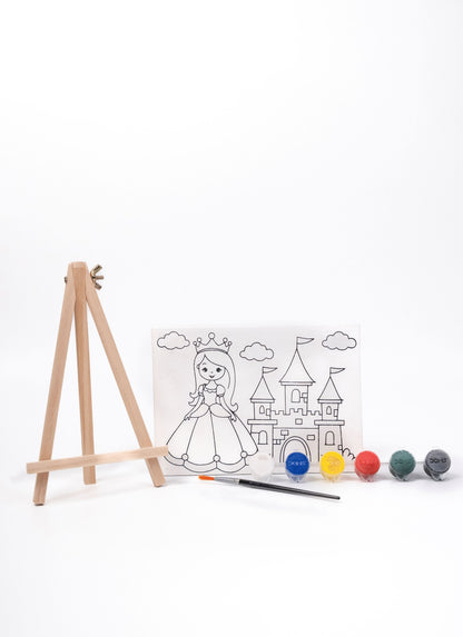 Princess Canvas Painting Kit contents featuring a pre-printed princess canvas, wooden easel, six acrylic paint pots and paint brush on a white background.
