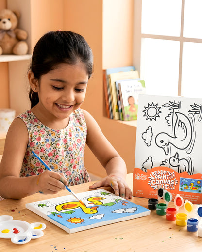 Child painting the Duck Ready-to-Paint Canvas Kit 6×9 using acrylic paints to create a colourful duck and duckling swimming in a sunny pond.