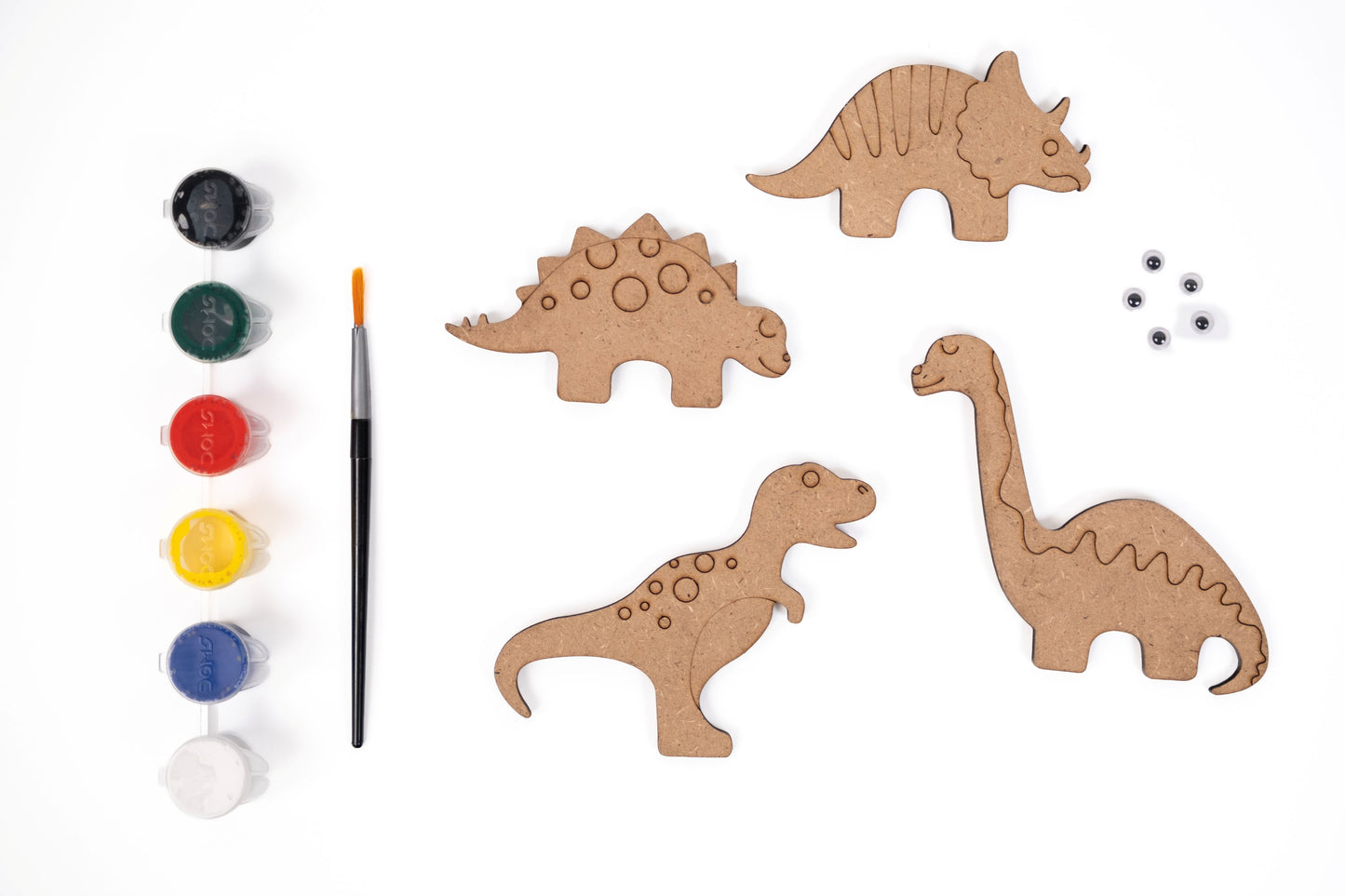 Dinosaur Magnets DIY Kit contents with four MDF dinosaur magnet shapes, six acrylic paint pots, paint brush and five googly eyes on a white background.