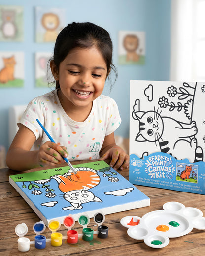 Child painting the Capybara Ready-to-Paint Canvas Kit 8×10 using acrylic paints to create a colourful capybara artwork with flowers and sky.