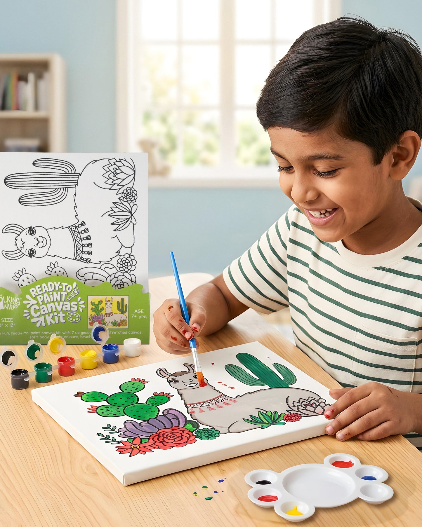 Child painting the Llama Ready-to-Paint Canvas Kit for Kids 10×12 with colourful cacti, flowers and desert artwork.