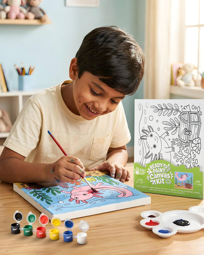 Child painting the Lizard Ready-to-Paint Canvas Kit featuring a colourful nature scene with a friendly lizard, plants and treasure chest.