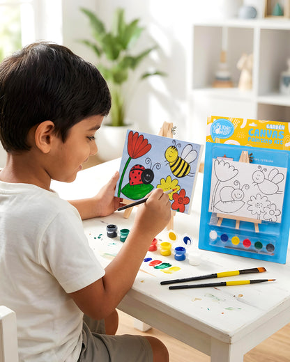 Child painting The Talking Canvas Garden Canvas Painting Kit on a wooden easel using the included paints and brush.