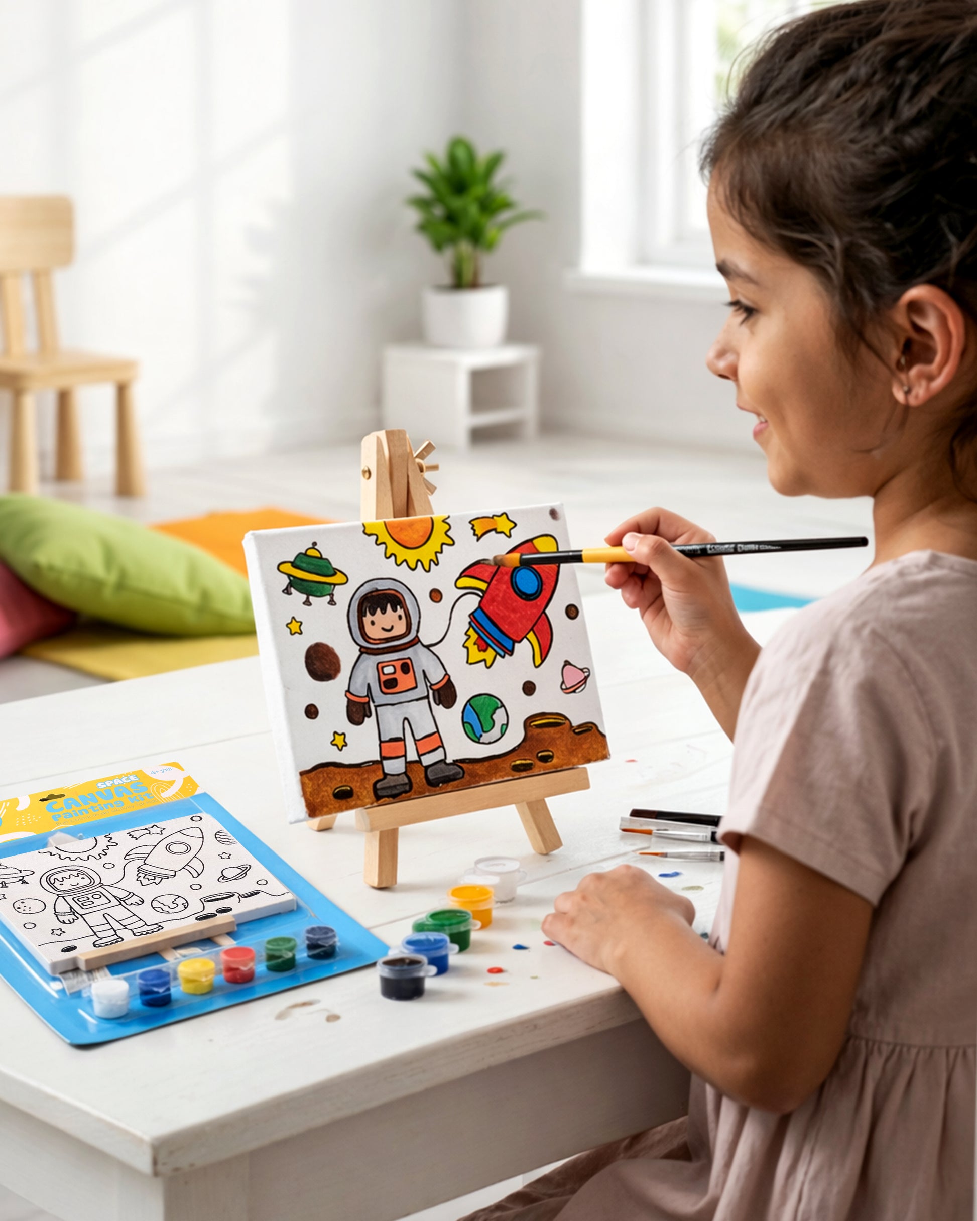 Child painting the Space Canvas Painting Kit on a wooden easel using colourful acrylic paints to create a fun outer space scene with an astronaut and rocket during a screen-free art activity.