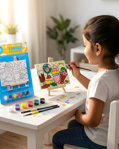 Child painting the Sweet Treat Canvas Painting Kit on a wooden easel using colourful acrylic paints to create a dessert-themed artwork with ice creams, cupcakes, candies and lollipops during a fun screen-free art activity.