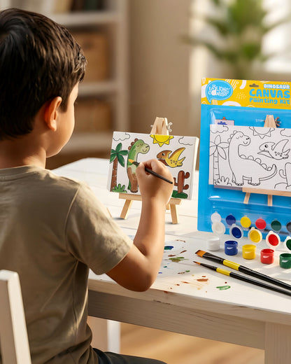 Child painting the Dinosaur Canvas Painting Kit on a wooden easel using colourful acrylic paints during a fun screen-free creative activity.